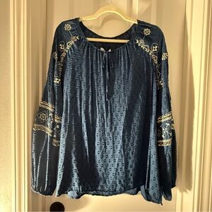 Embroidered Navy Peasant Blouse - Women Tops